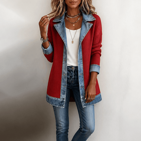 Ribbed Knit Longline Cardigan Coat with Denim Panel Detail