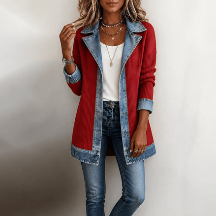 Ribbed Knit Longline Cardigan Coat with Denim Panel Detail