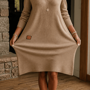 Women's A-Line V-Neck Midi Dress with Long Sleeves