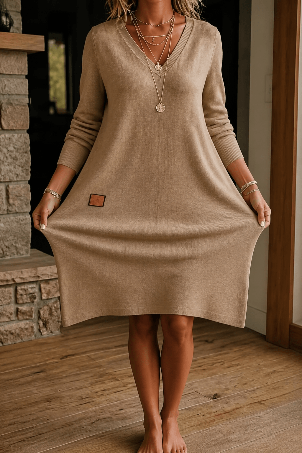Women's A-Line V-Neck Midi Dress with Long Sleeves