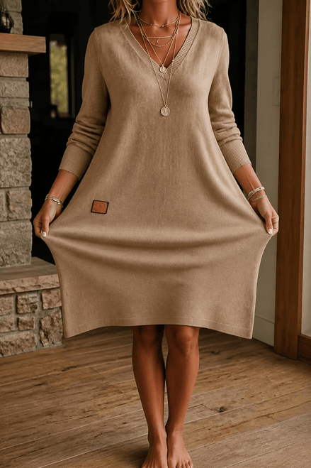 Women's A-Line V-Neck Midi Dress with Long Sleeves