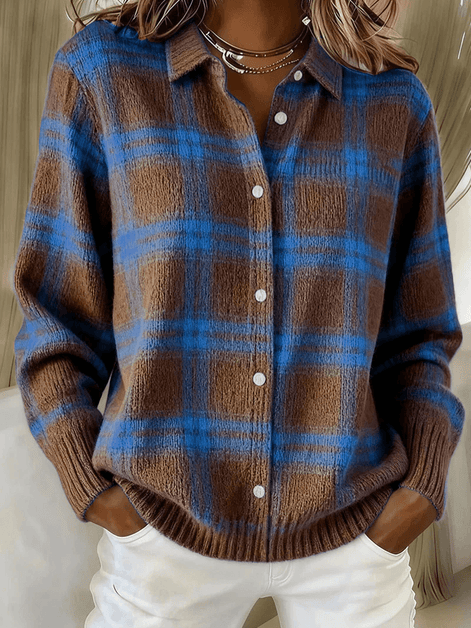 Esmeralda Plaid Cotton Flannel Button-Up Long Sleeve Blouse for Women