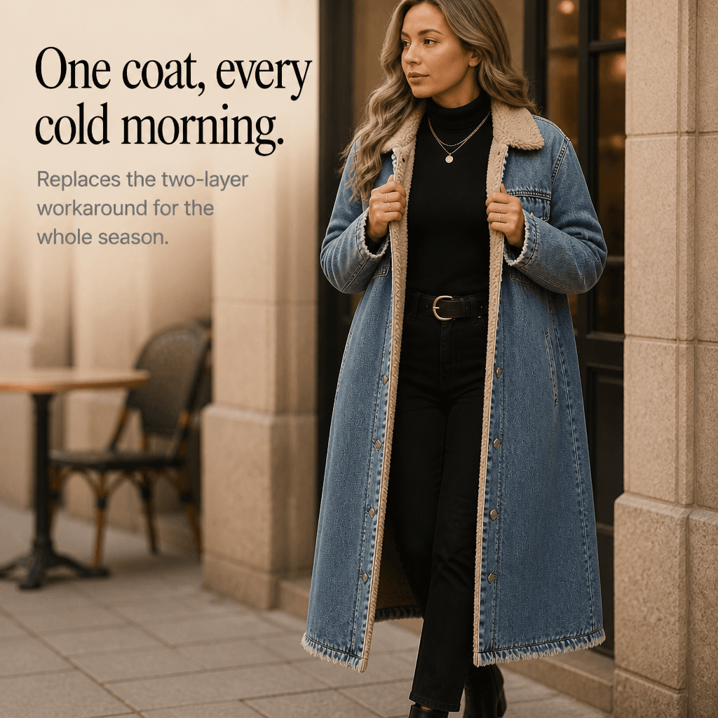 Denora Sherpa-Lined Full-Length Denim Coat with Lapel Collar