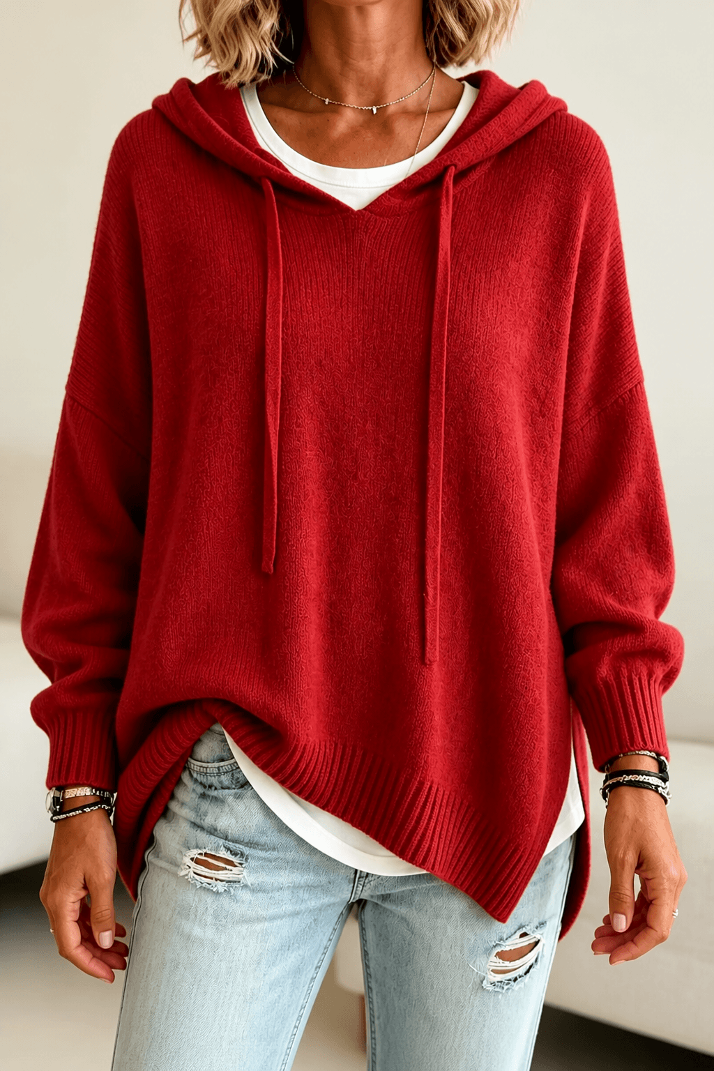 Women's Oversized Hooded Knitted Jumper with Drawstring