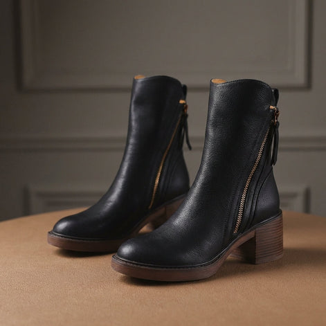 Bellora Leather Ankle Boots with Side Zipper and Stacked Block Heel