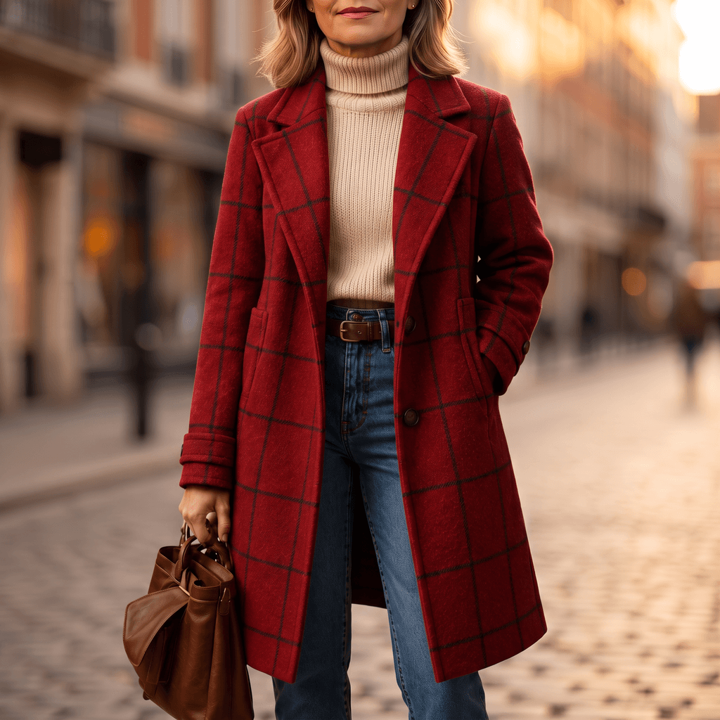 Women's Checkered Knee-Length Coat with Two-Button Front and Drop Shoulders