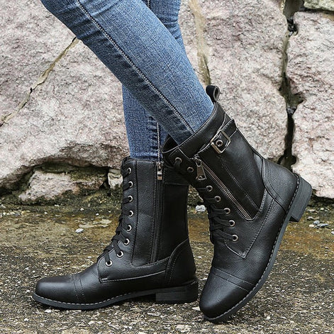 Hazel Lace-Up Combat Boots with Side Zip and Buckle Detail in Faux Leather
