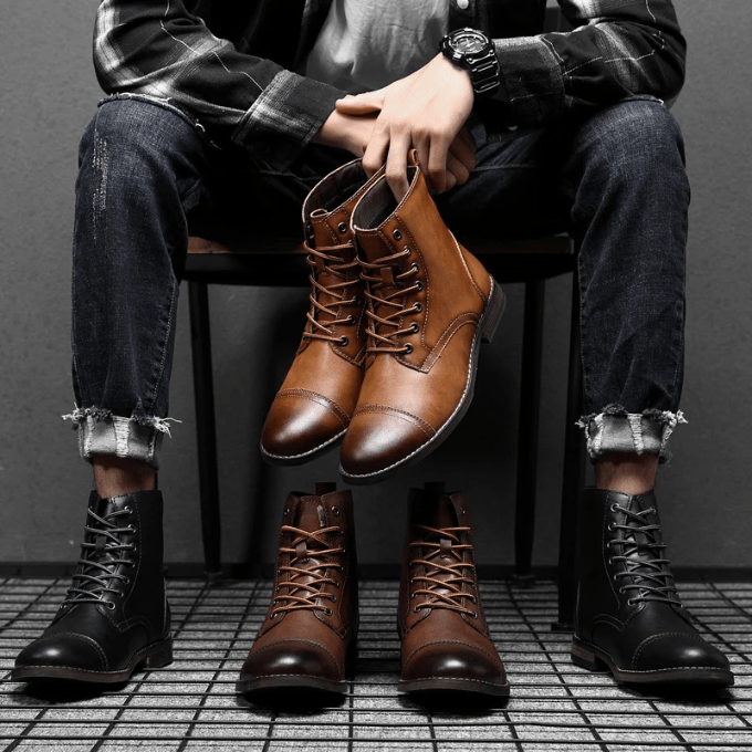Men's Lace-Up Leather-Style Ankle Boots with Grip Outsole