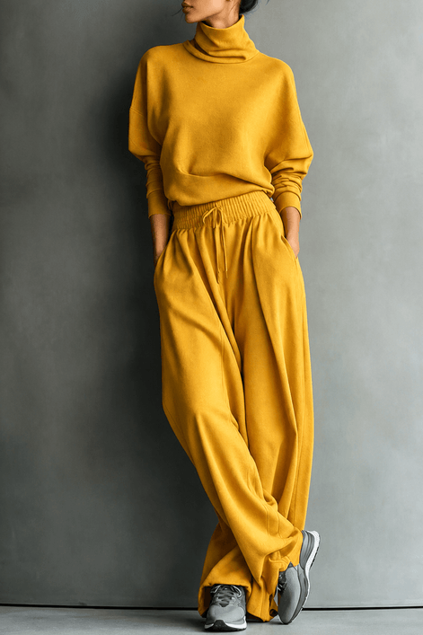 Women's Turtleneck Knitted Jumper and Wide-Leg Trousers Lounge Set