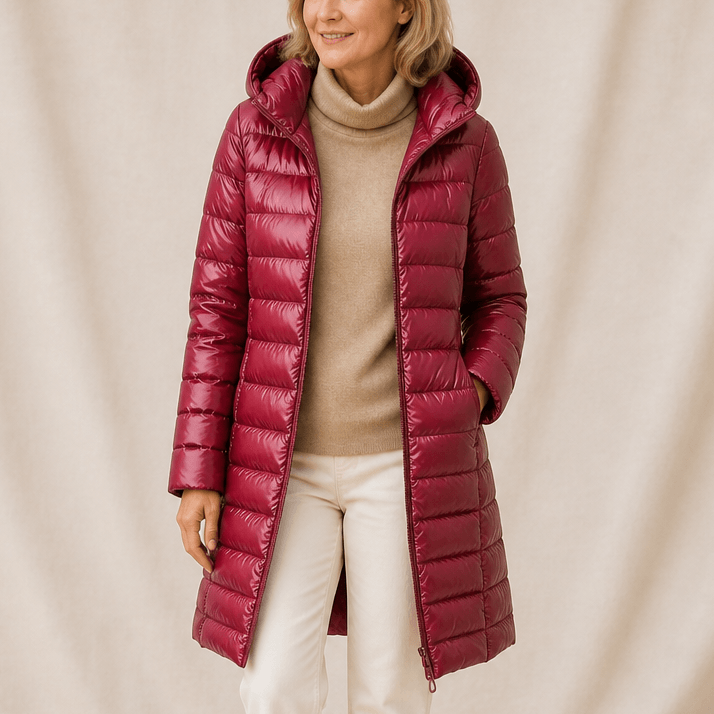 Women's Long Quilted Puffer Coat with Hood in Polyester