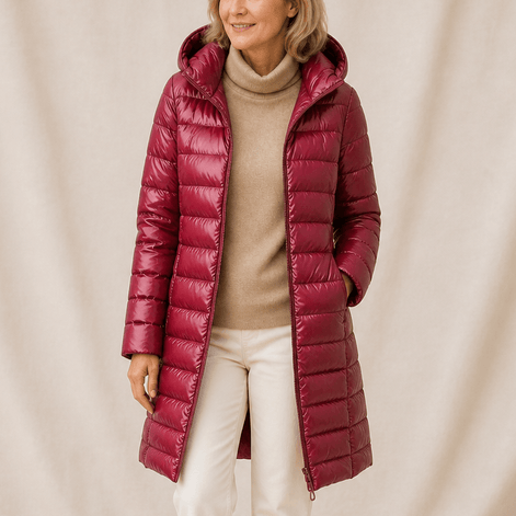 Women's Long Quilted Puffer Coat with Hood in Polyester