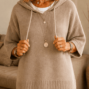 Women's Hooded Knit Jumper with Drawstring and Dropped Shoulders