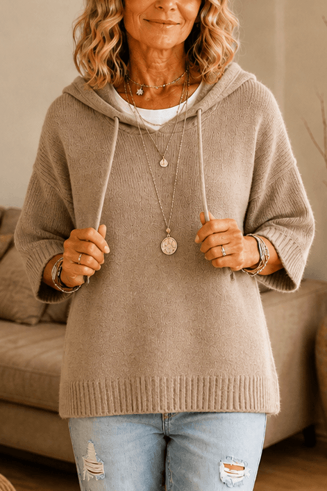 Women's Hooded Knit Jumper with Drawstring and Dropped Shoulders