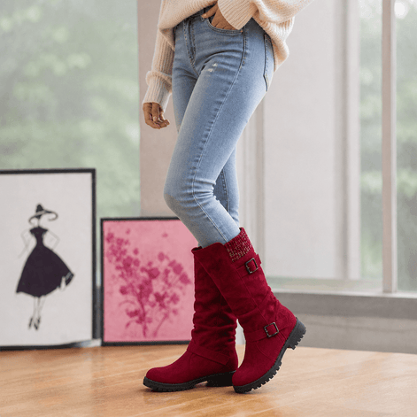 Women's Suede Winter Boots with Ribbed Cuff and Lug Sole
