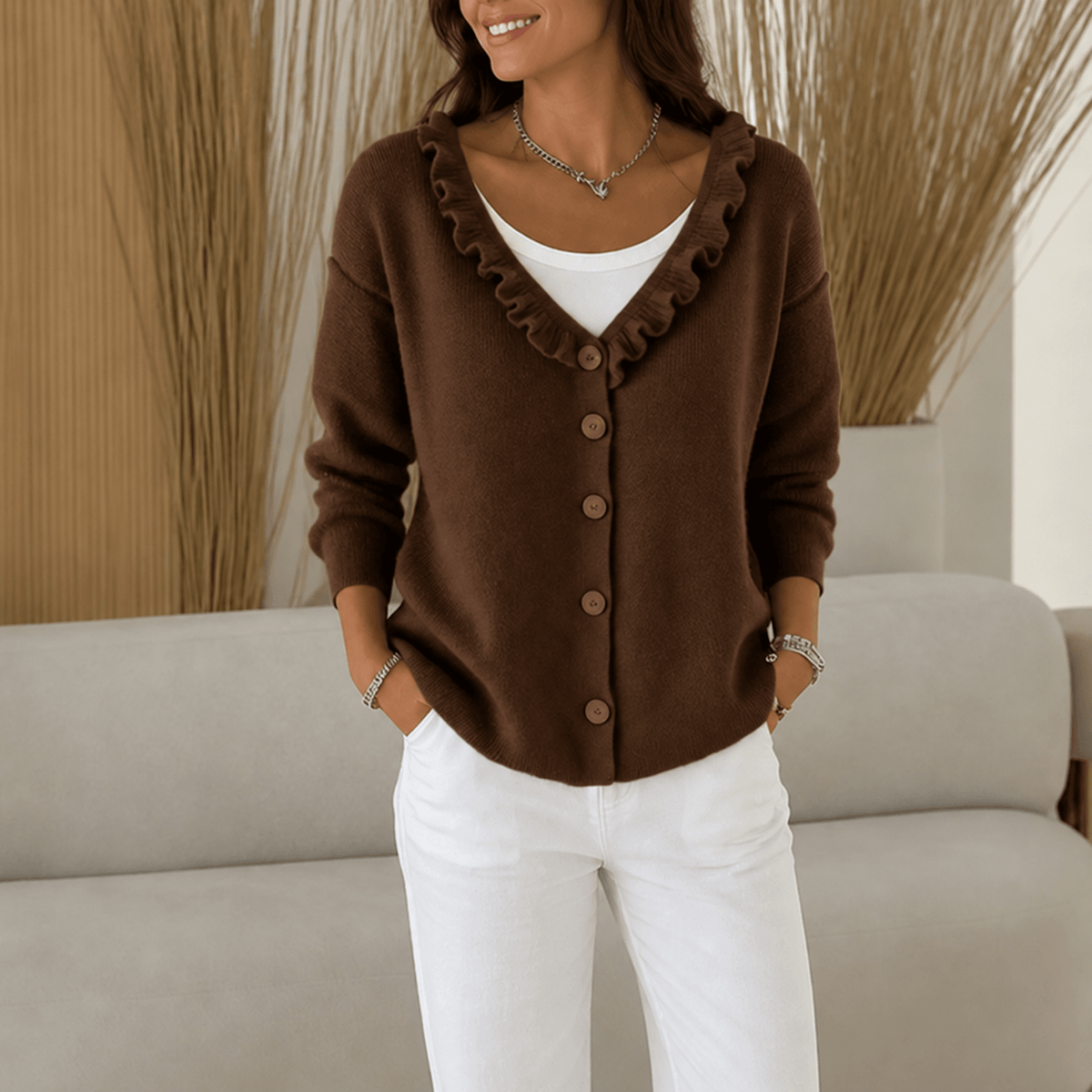 Ruffle Collar Women's Knitted Cardigan with Button Front in Acrylic Blend