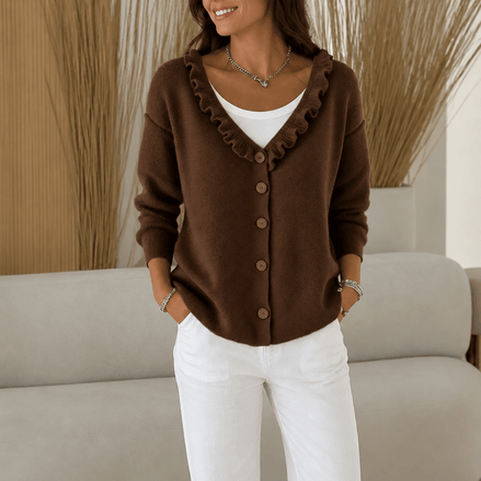 Ruffle Collar Women's Knitted Cardigan with Button Front in Acrylic Blend