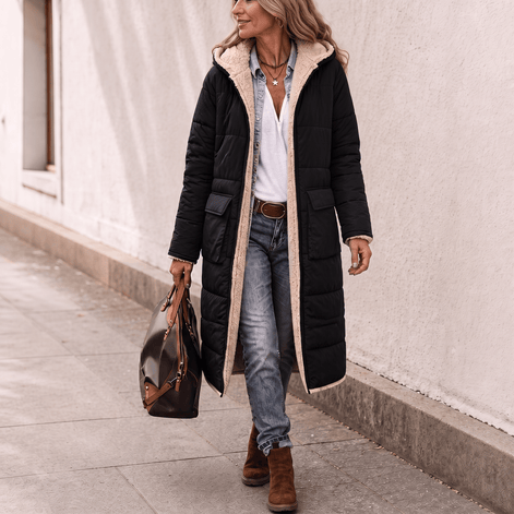 Women's Reversible Quilted Longline Winter Coat with Sherpa Trim