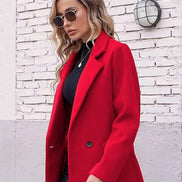 Women's Notch Lapel Double-Breasted Long Wool Winter Coat with Side Pockets