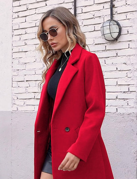 Women's Notch Lapel Double-Breasted Long Wool Winter Coat with Side Pockets