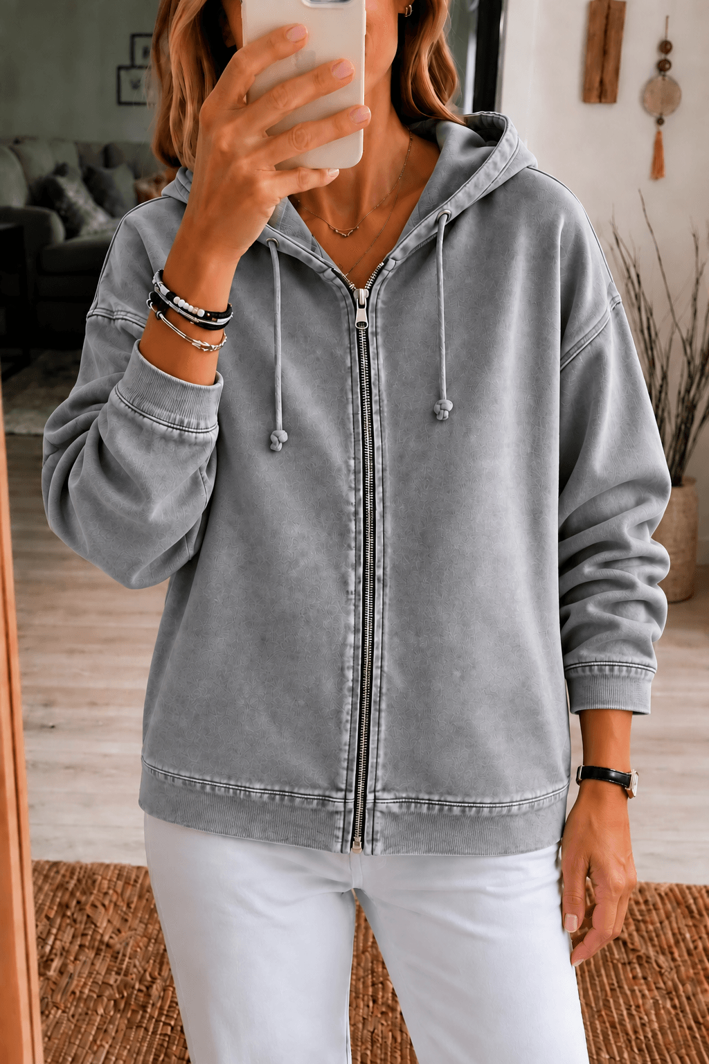 Women's Washed Relaxed Zip-Up Hoodie Jacket with Lined Hood