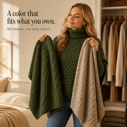 Women's Cable-Knit Turtleneck Poncho Jumper with Ribbed Trim