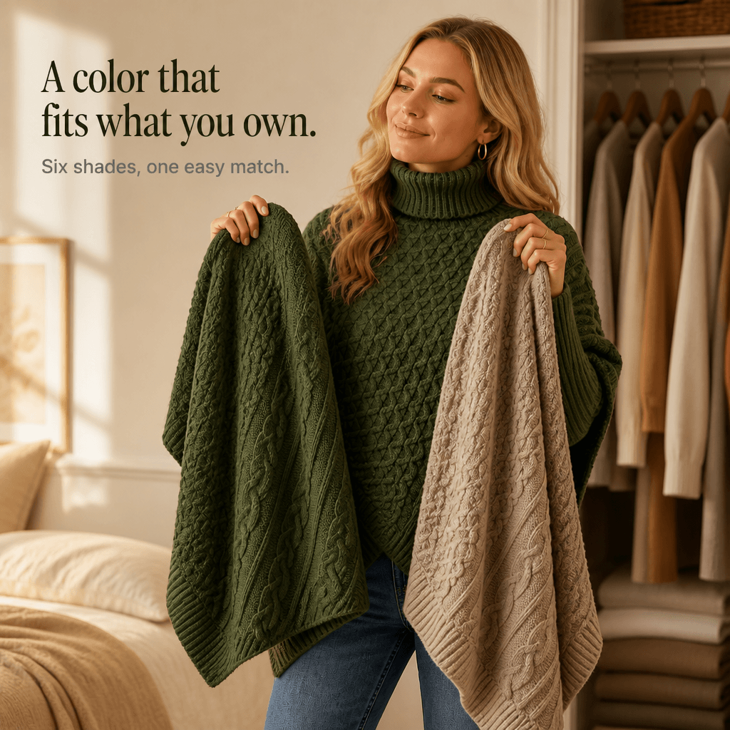 Women's Cable-Knit Turtleneck Poncho Jumper with Ribbed Trim