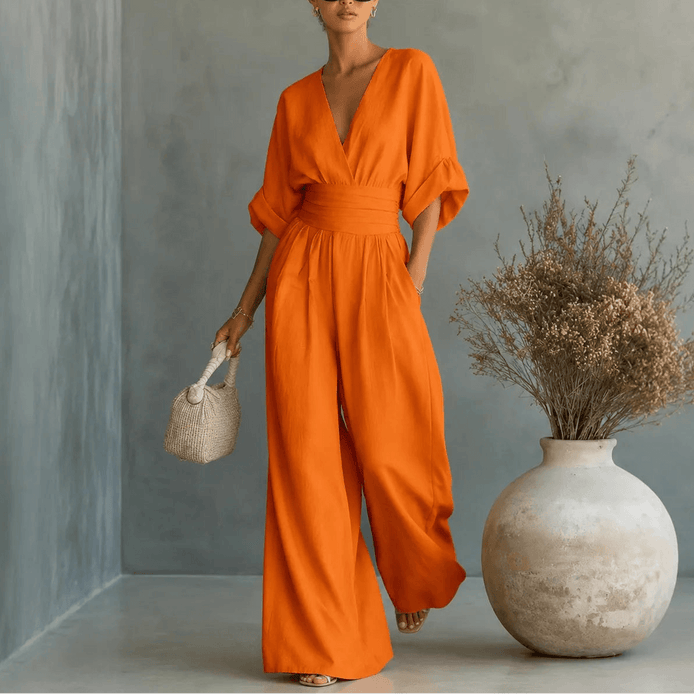 Wide Leg V-Neck Jumpsuit with Pleated Waist Sash for Women
