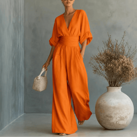 Wide Leg V-Neck Jumpsuit with Pleated Waist Sash for Women