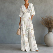 Floral Print Wide-Leg Jumpsuit with Cinched Waist and Pockets