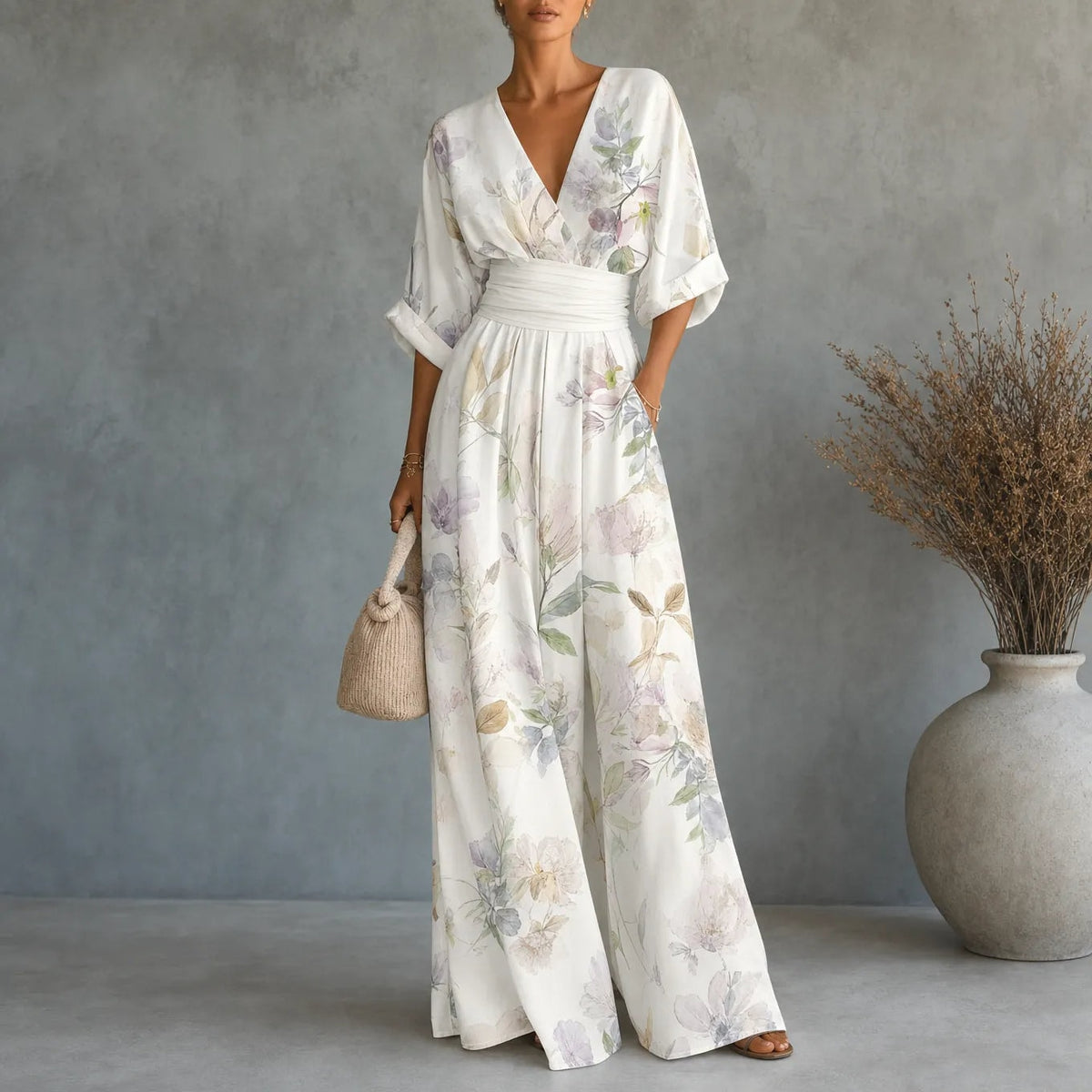 Floral Print Wide-Leg Jumpsuit with Cinched Waist and Pockets