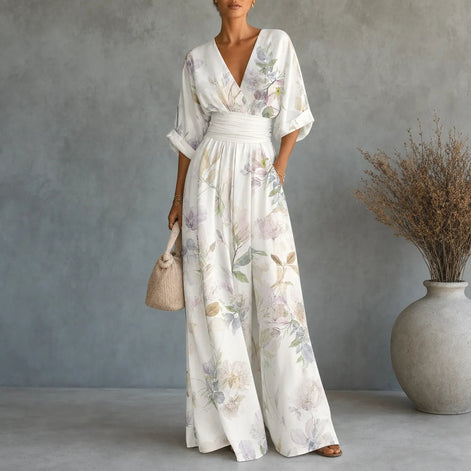 Floral Print Wide-Leg Jumpsuit with Cinched Waist and Pockets