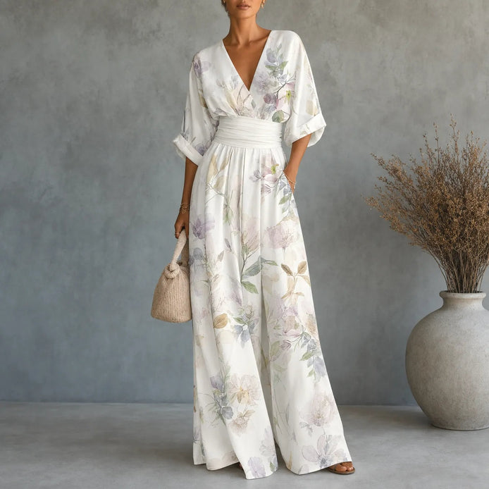 Floral Print Wide-Leg Jumpsuit with Cinched Waist and Pockets