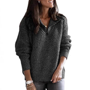 Women's Half-Zip Textured Knitted Jumper with Stand Collar