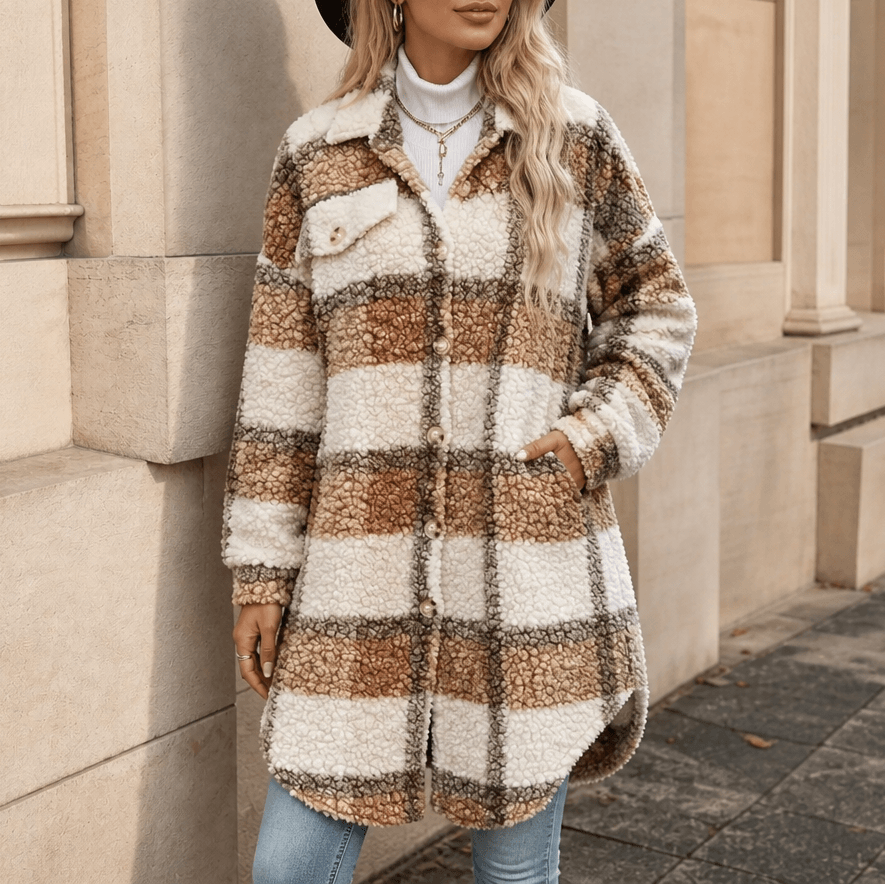 Fairloch Plaid Sherpa-Lined Mid-Length Coat with Button Front
