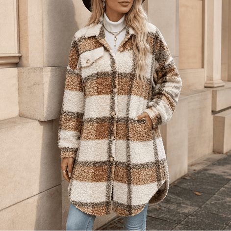 Fairloch Plaid Sherpa-Lined Mid-Length Coat with Button Front