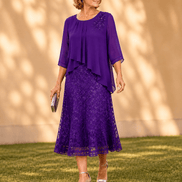 Elavine Sheer-Sleeve Floral Lace Overlay Chiffon Women's Midi Dress