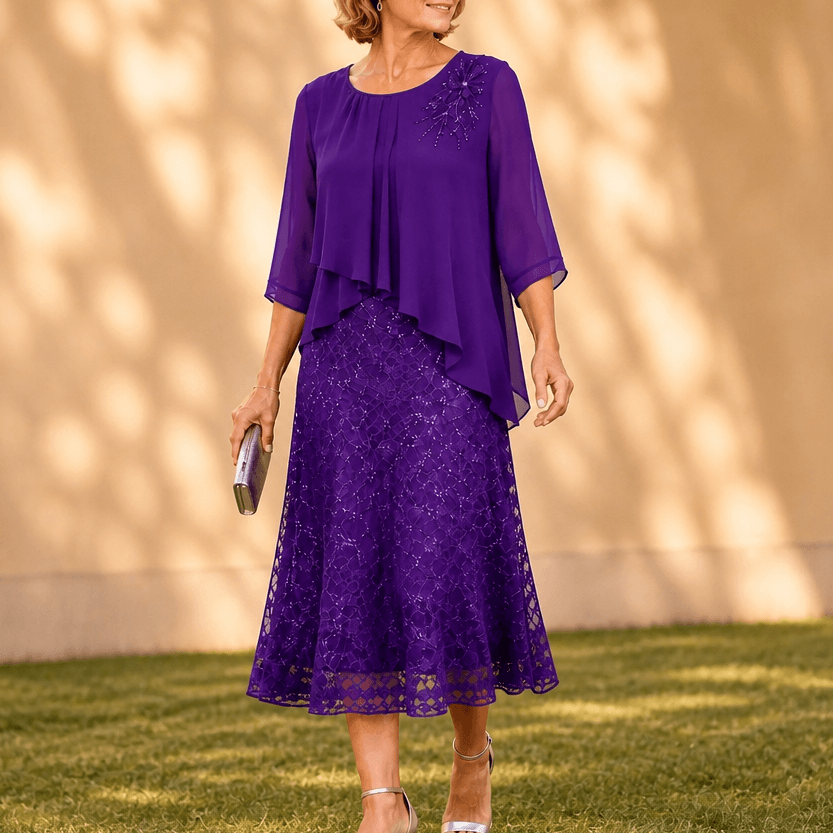 Elavine Sheer-Sleeve Floral Lace Overlay Chiffon Women's Midi Dress
