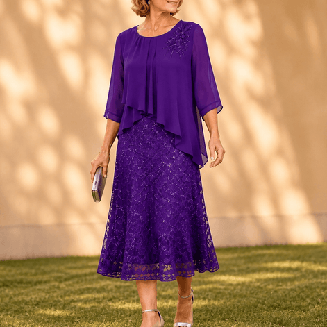 Elavine Sheer-Sleeve Floral Lace Overlay Chiffon Women's Midi Dress