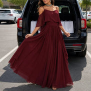 Solavia Cold-Shoulder Chiffon Women's Midi Dress with Cascading Side Drape
