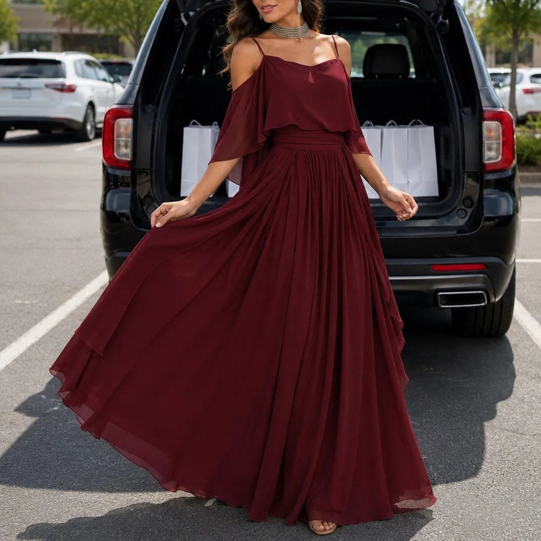 Solavia Cold-Shoulder Chiffon Women's Midi Dress with Cascading Side Drape