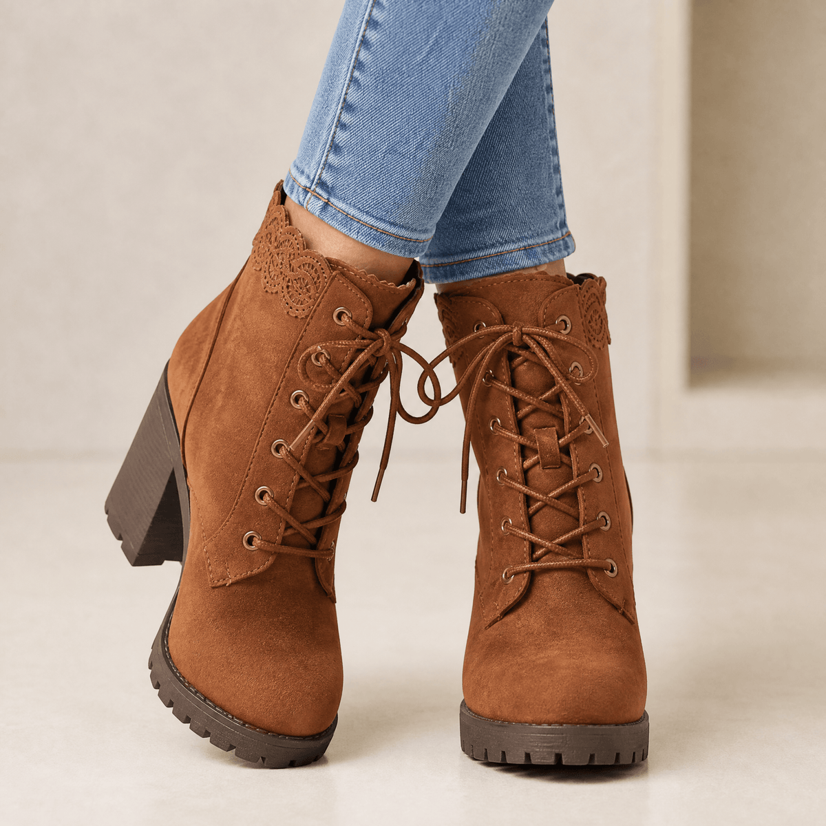 Lacelle Suede Women's Ankle Boots with Lace Trim and Chunky Block Heel