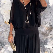 Adeline Draped Blouson Top and Wide-Leg Trouser Two Piece Set