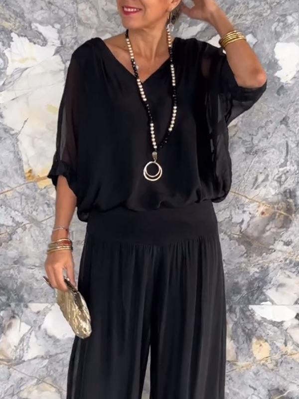 Adeline Draped Blouson Top and Wide-Leg Trouser Two Piece Set