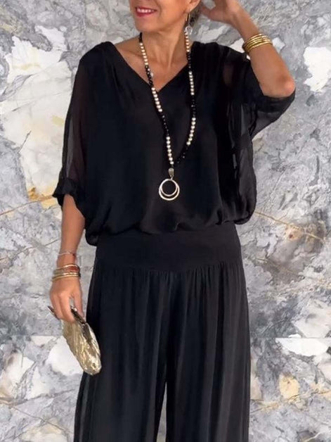 Adeline Draped Blouson Top and Wide-Leg Trouser Two Piece Set