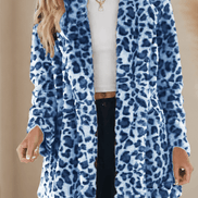 Women's Leopard Print Faux Fur Longline Coat with Open Front