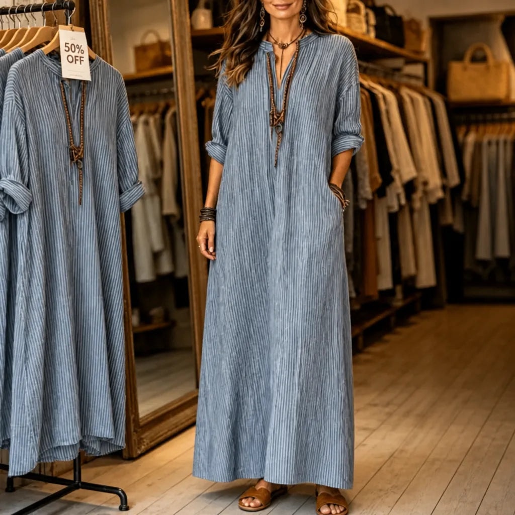 Vestara Striped V-Neck Maxi Dress with Pockets and Long Sleeves