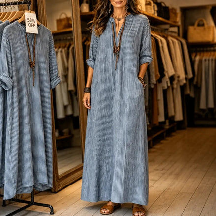 Vestara Striped V-Neck Maxi Dress with Pockets and Long Sleeves