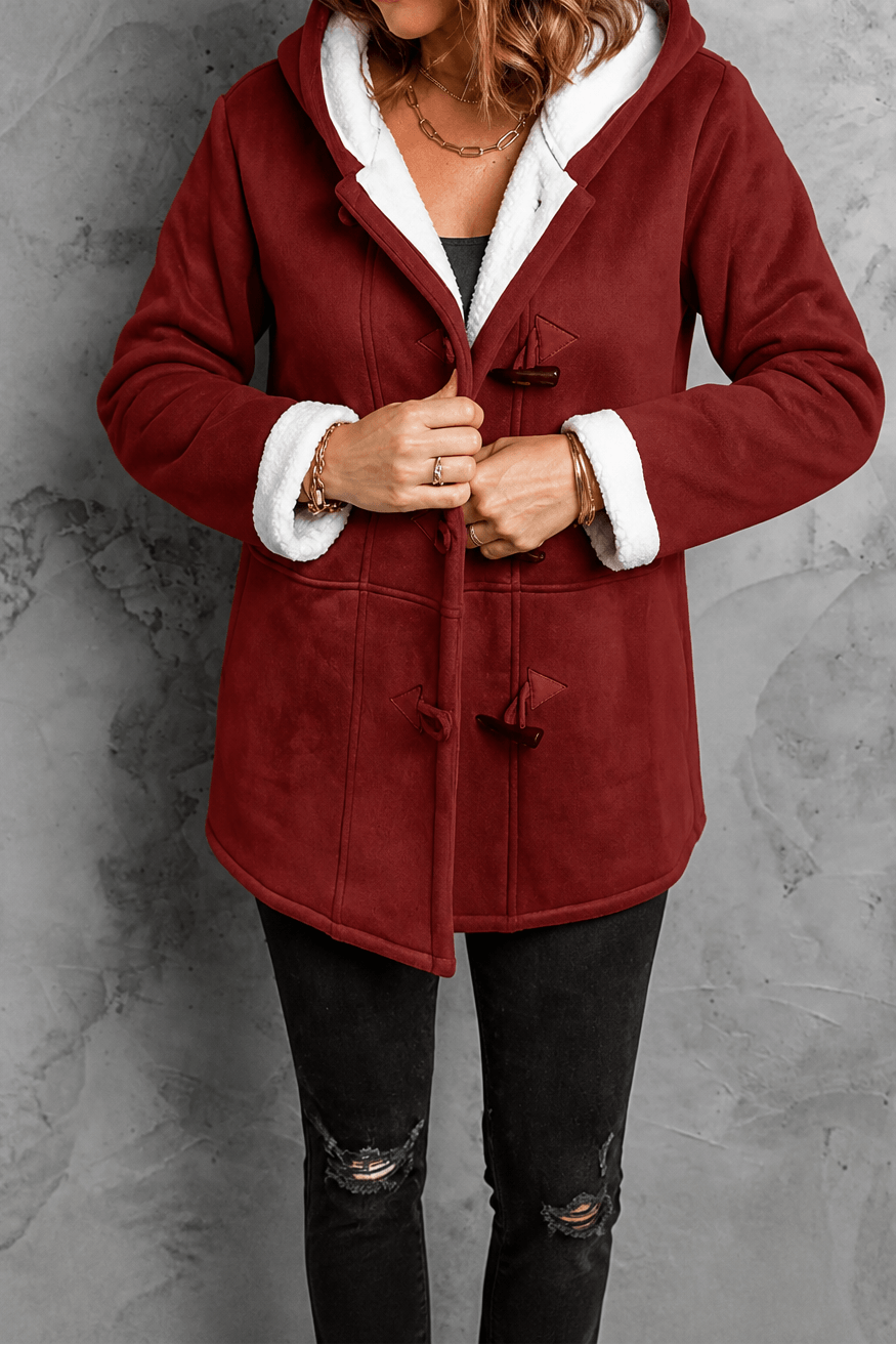 Women's Hooded Faux Suede Toggle Coat with Plush Sherpa Lining
