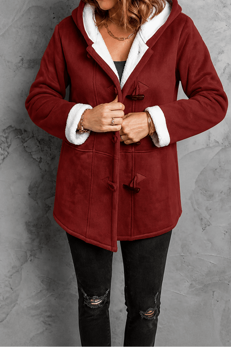 Women's Hooded Faux Suede Toggle Coat with Plush Sherpa Lining