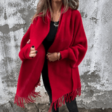 Fringe-Trim Draped Shawl Collar Open-Front Wool Winter Coat for Women